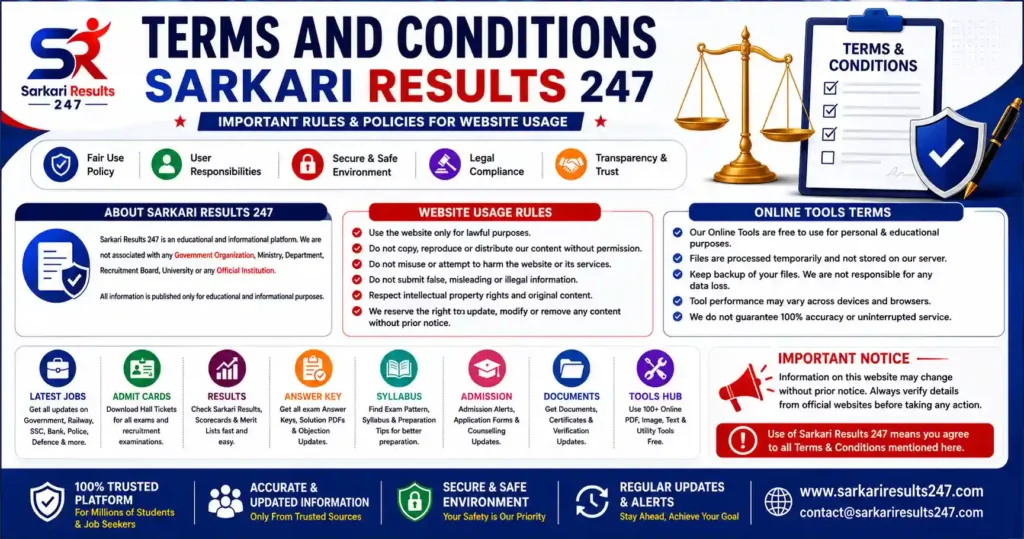 Terms and Conditions Sarkari Results 247 website rules and legal policy banner