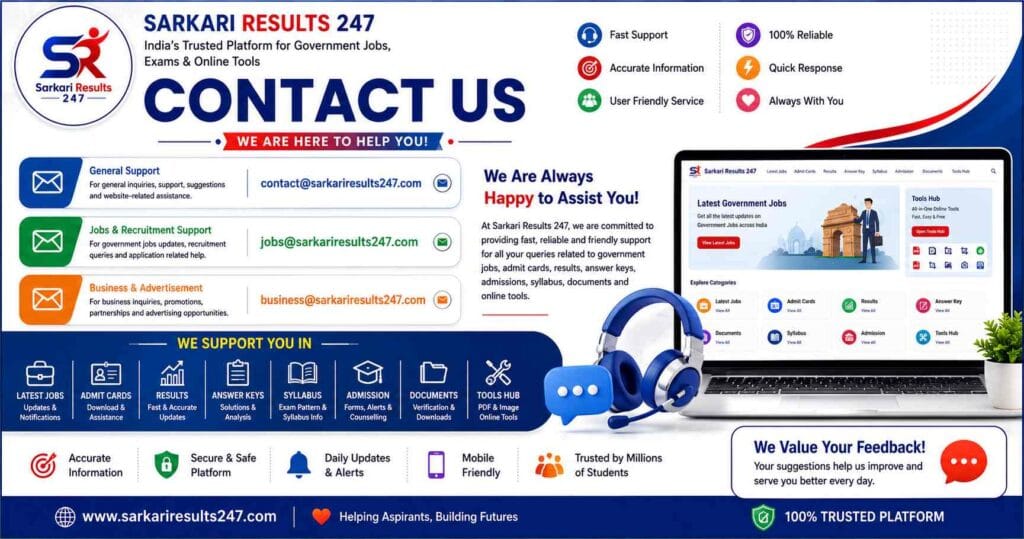 Contact Us Sarkari Results 247 support center poster with government jobs and online tools help