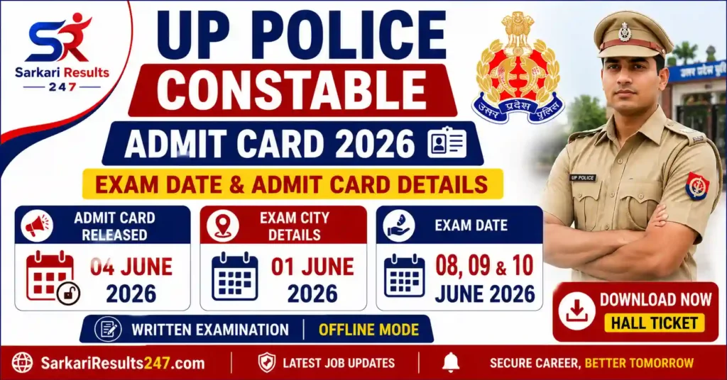 UP Police Constable Admit Card 2026 exam date poster showing admit card release and written exam schedule.